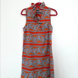 Mud Pie Orange Black Geometric Sleeveless Ruffle Neck Dress M Preppy Resort